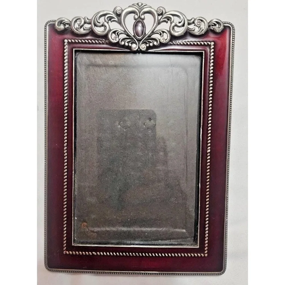 Vintage Ornate Burgundy Enamel Silver Tone Filigree Rhinestone 4x6 Picture Frame